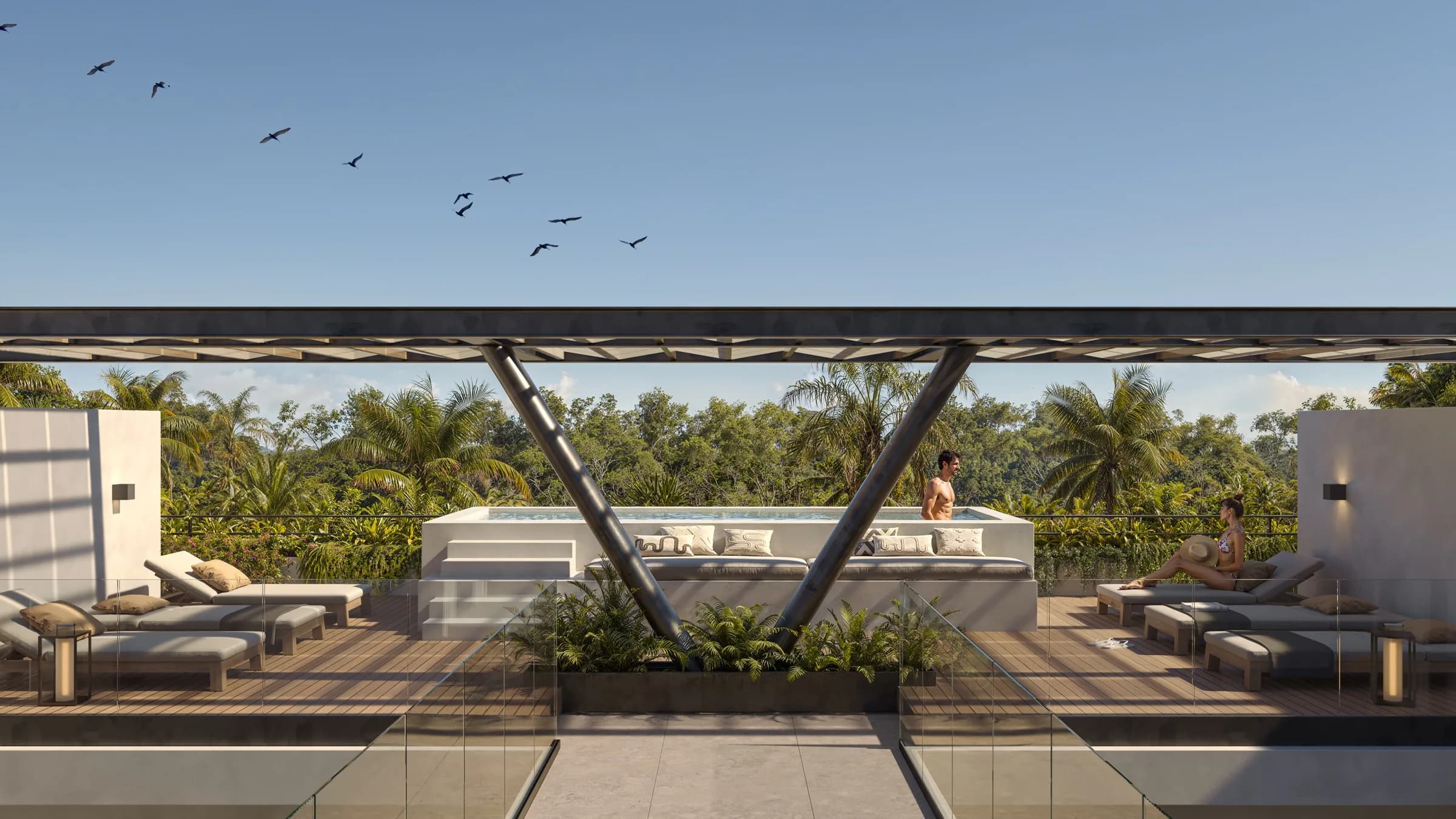 Render de rooftop común con alberca elevada, camastros y pérgola metálica