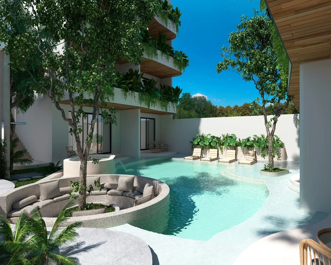 Render de la alberca con camastros dentro del agua y sala hundida