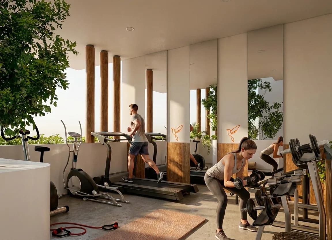 Render del gimnasio con caminadoras, elíptica y pesas