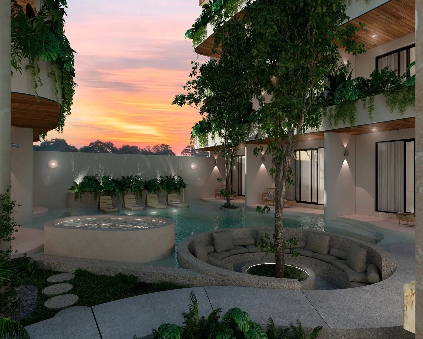Render del jacuzzi circular junto a la alberca al atardecer