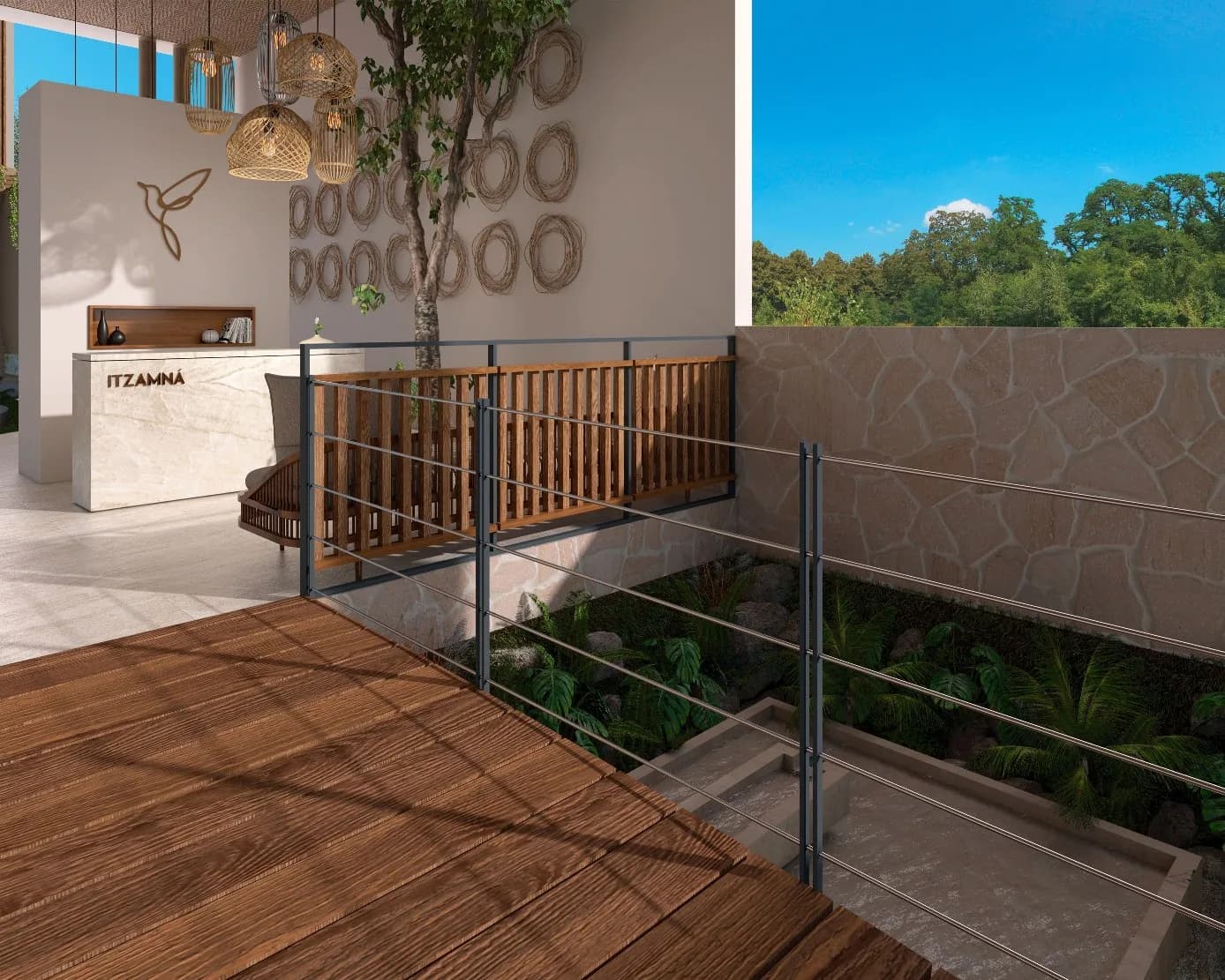 Render del lobby con mostrador de recepción y deck de madera