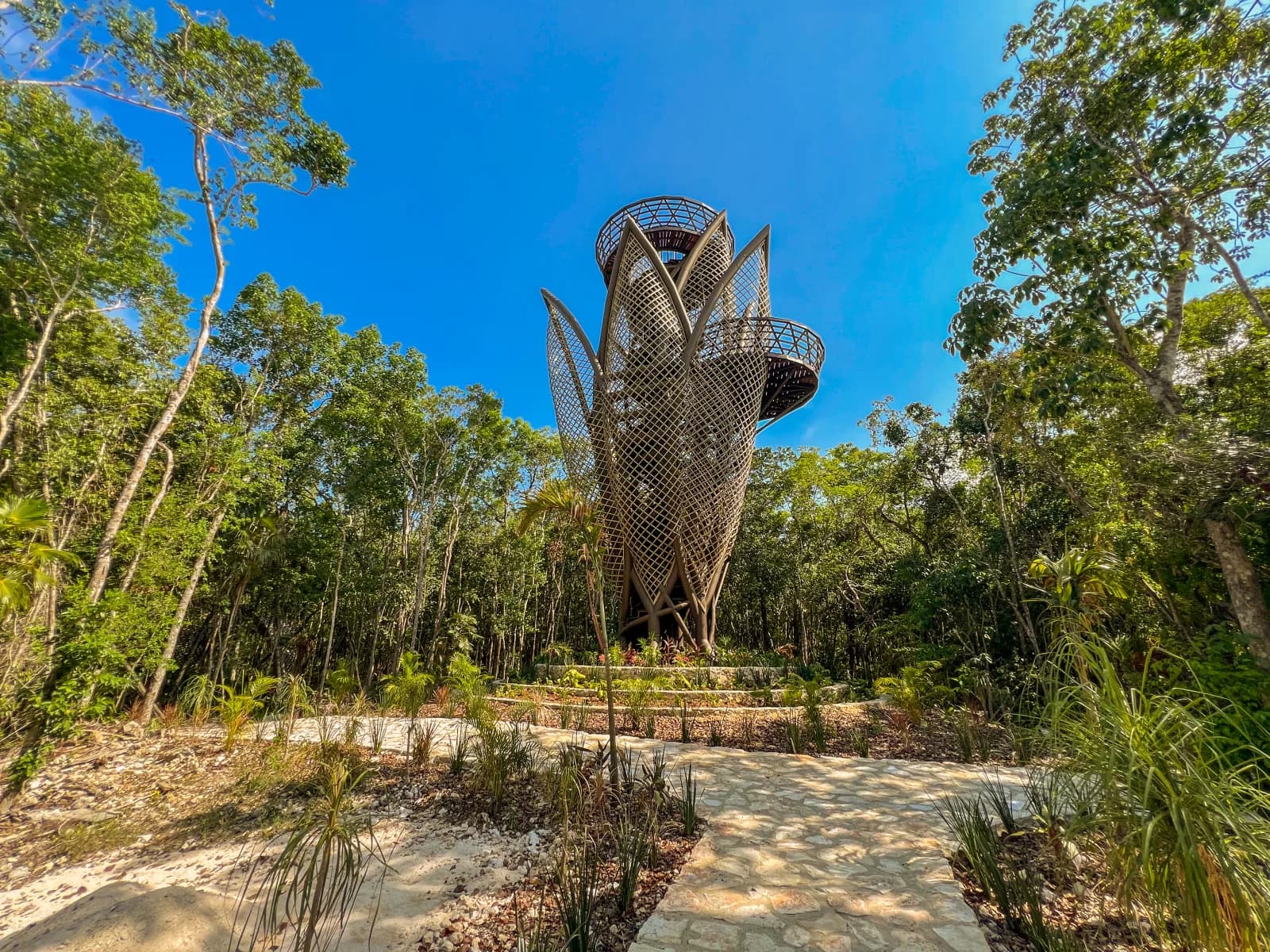 Torre mirador de celosía entre la selva