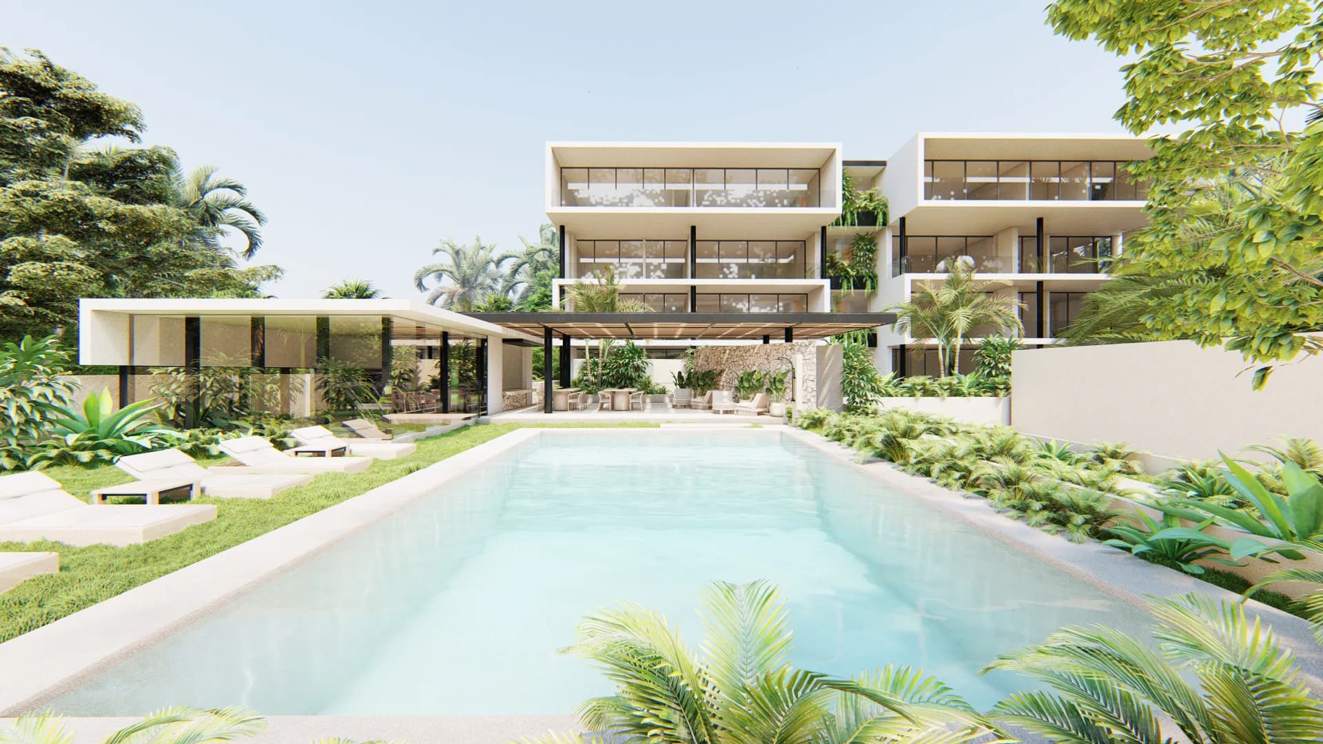 Render de la alberca a nivel jardín con camastros