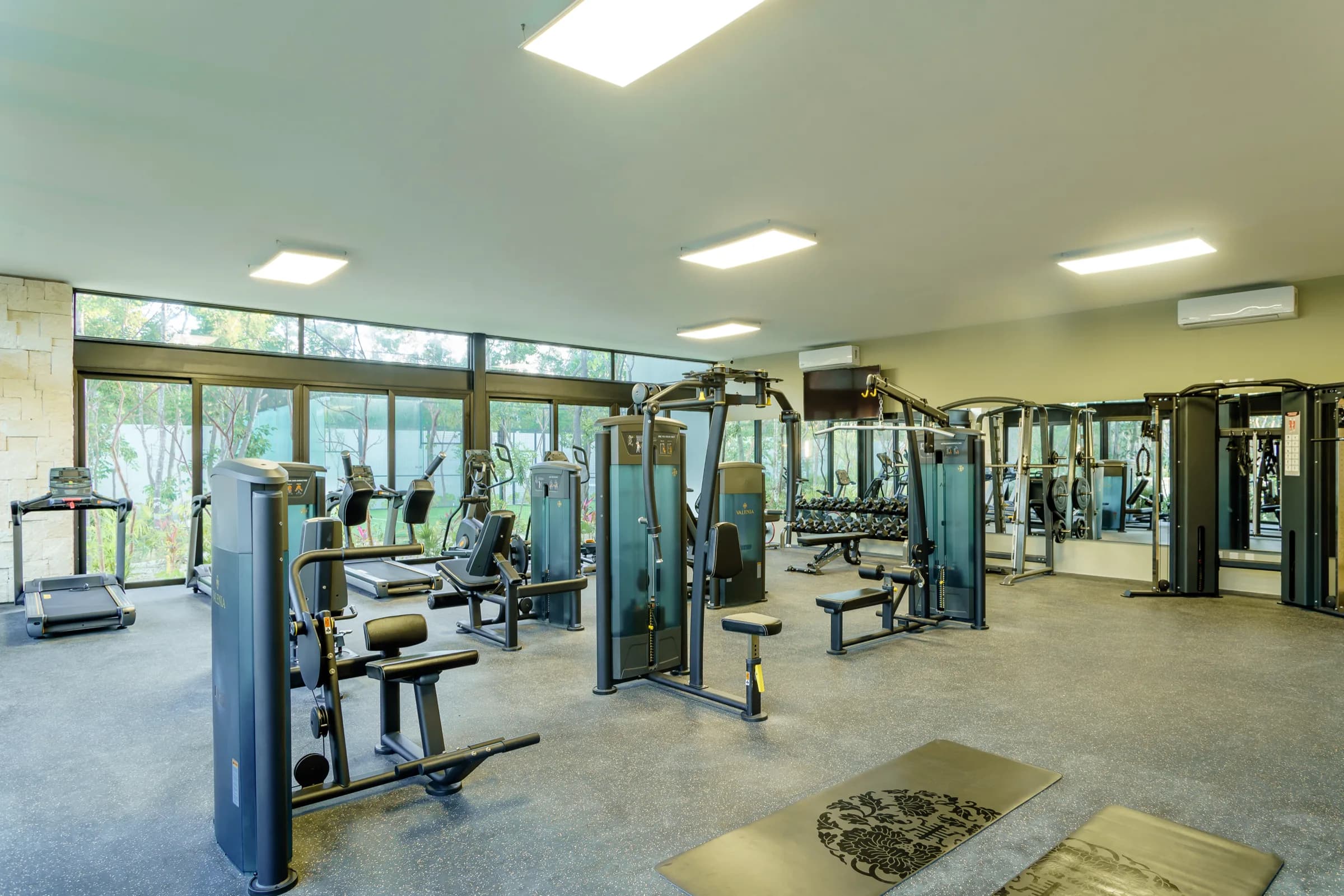 Gimnasio con máquinas de fuerza y ventanales