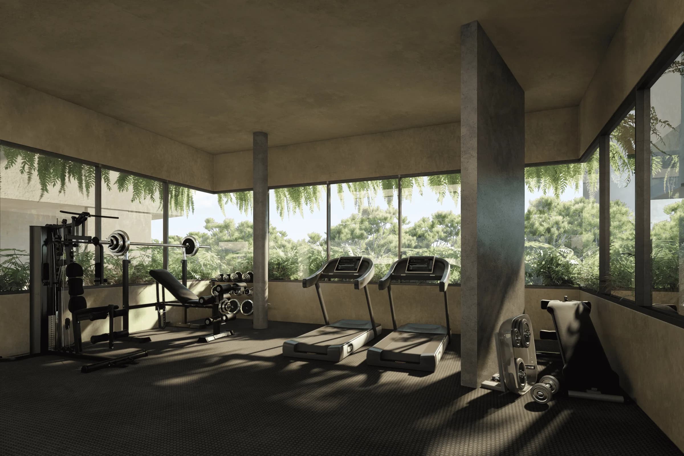Render del gimnasio frente a la vegetación