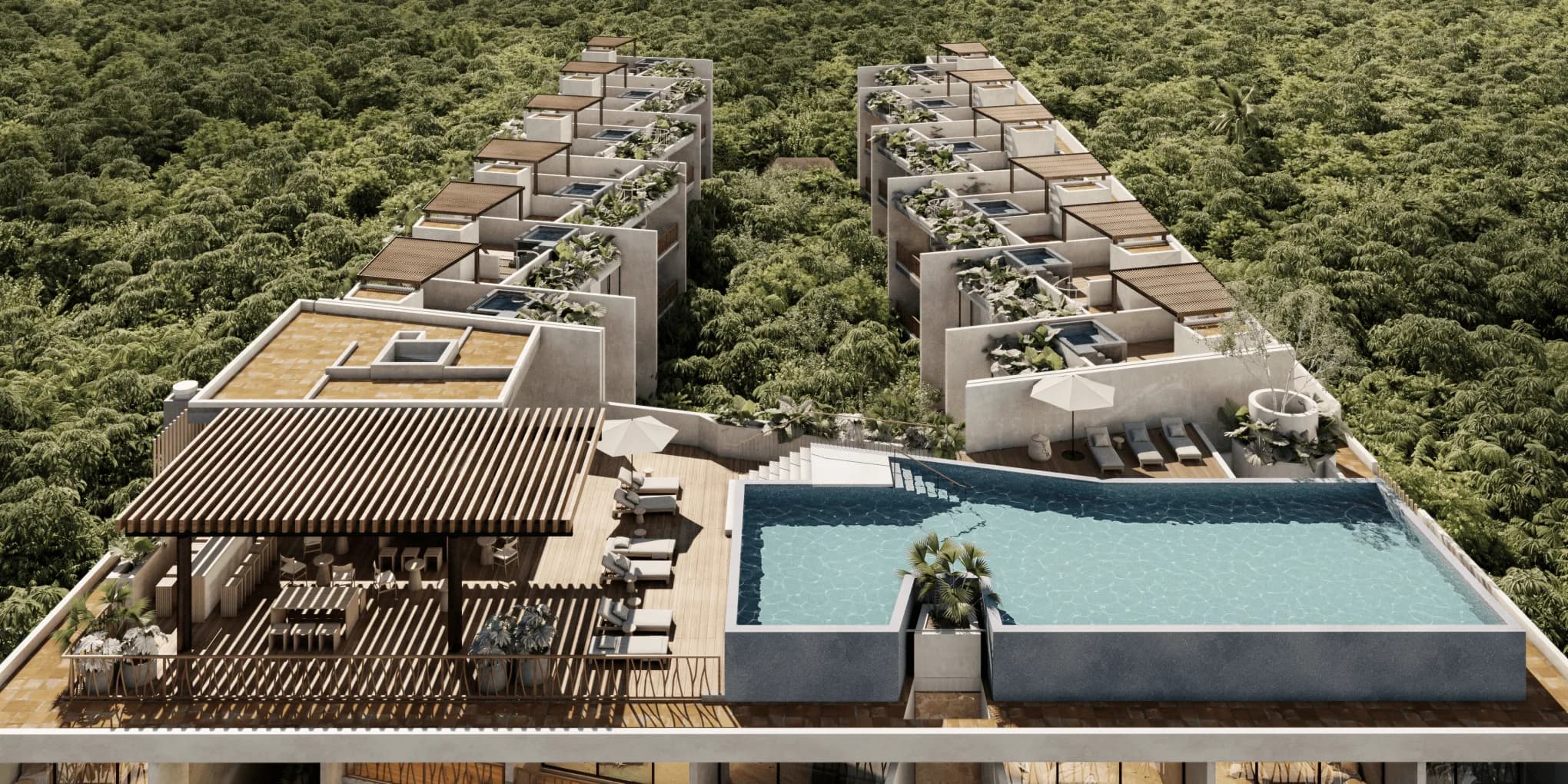 Render del rooftop común con alberca y pérgola