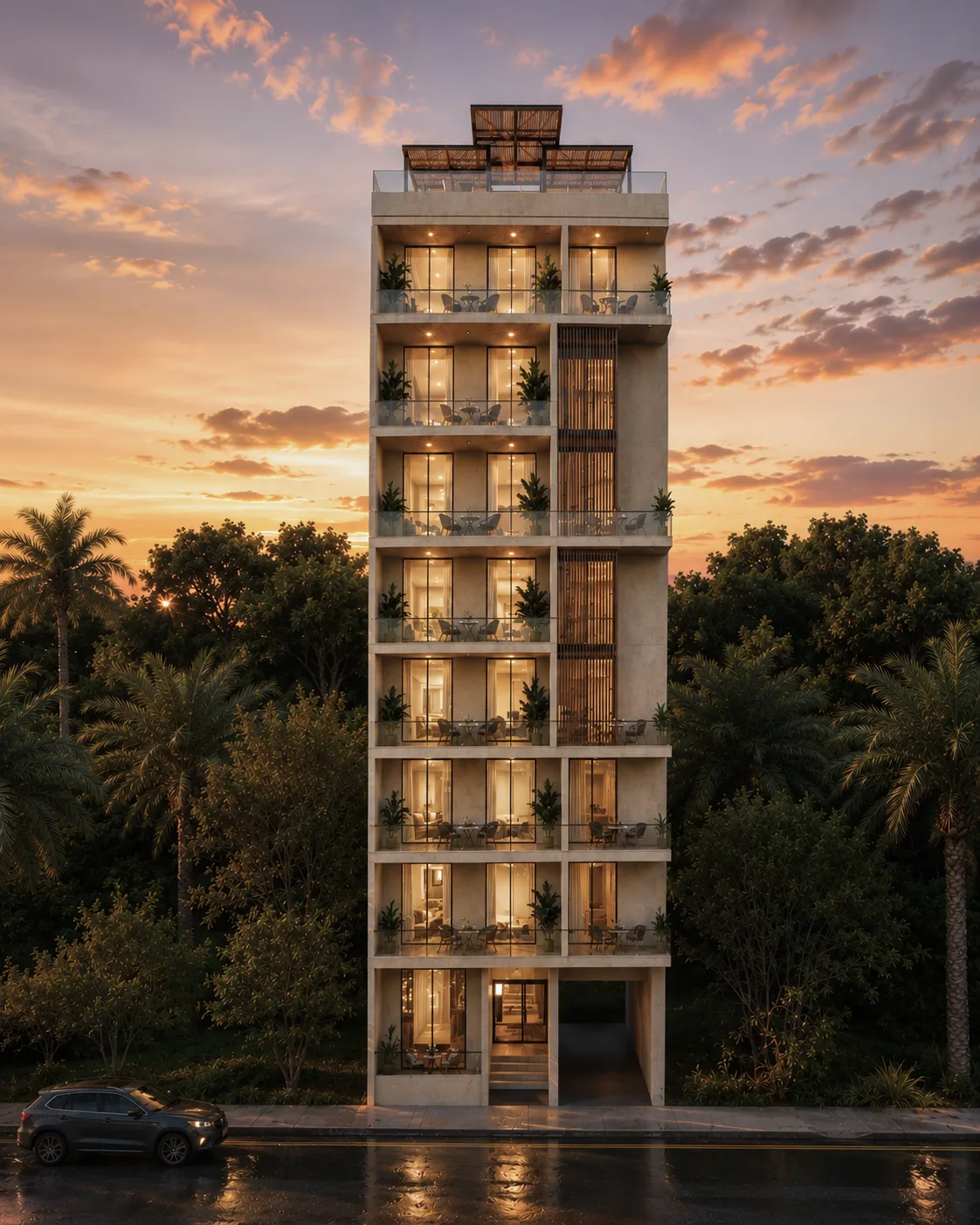Fachada de Zen Park al atardecer: cielo naranja y ventanas encendidas
